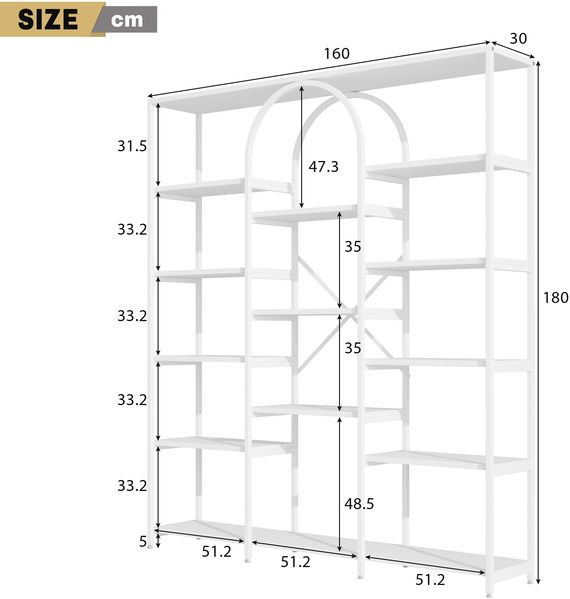 Flieks Bücherregal 160×30×180 cm, Standregal modern weiß, Metallregal mit offenen Ablagen, Regal mit Bogen-Design, MDF & Stahl Bild 4