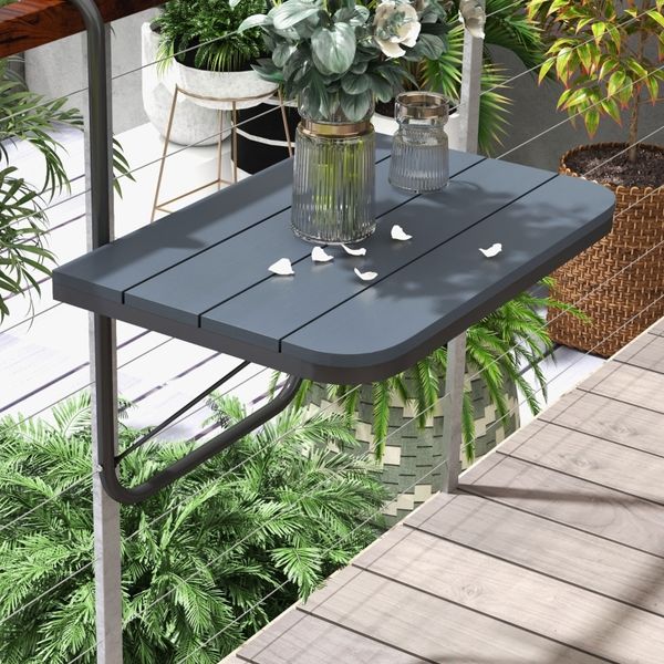 Balkon-Hängetisch klappbar, höhenverstellbar, 60 x 40 x 55-64 cm, Aluminium, Holzoptik Schwarz