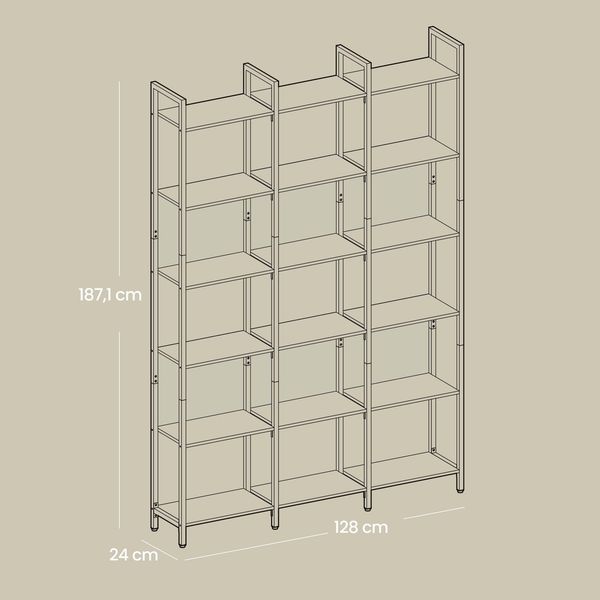 VASAGLE Bücherregal, Küchenregal, Standregal mit 6 offenen Regalebenen, Flur, Küche, Büro, stabiles Stahlgestell, Industrie-Design, 24 x 128 x 187,1 cm, vintagebraun-tintenschwarz Bild 4