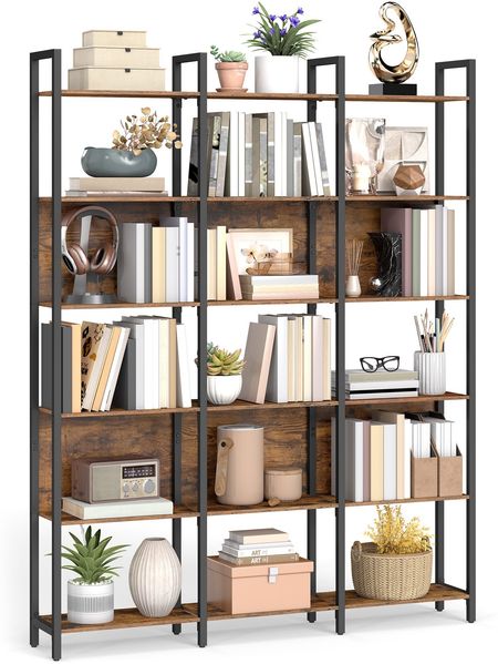 VASAGLE Bücherregal, Küchenregal, Standregal mit 6 offenen Regalebenen, Flur, Küche, Büro, stabiles Stahlgestell, Industrie-Design, 24 x 128 x 187,1 cm, vintagebraun-tintenschwarz