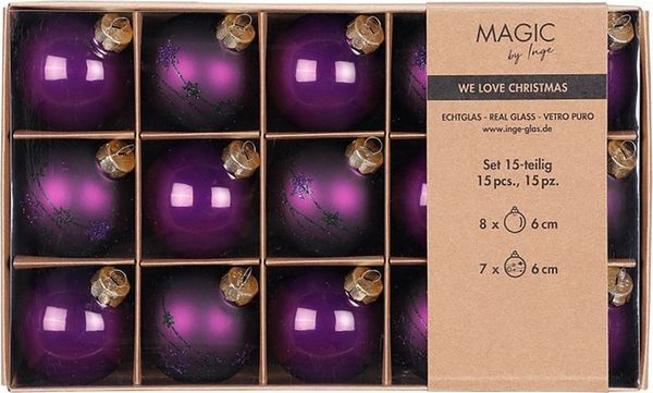 MAGIC by Inge Weihnachtsbaumkugel, Weihnachtskugeln Glas 6cm Sterne Motiv 15 Stück - Purple Symphony
