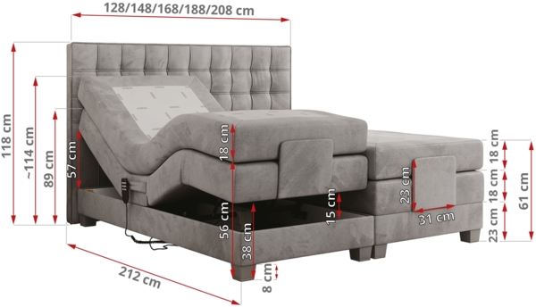 Boxspringbett elektrisch verstellbar, Schlafzimmerbett, Bettkasten - ELEKTRO - 140 x 200 cm - Hellgrau Velvet - H3 Bild 6