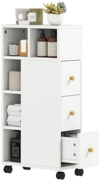HOMCOM Badkommode mit 4 Rollen, 3 Schubladen, 5 offenen Fächern (Badezimmerschrank Schmal, 1 St, Badschrank), für Kleine Räume, 20 x 40 x 80 cm, Weiß