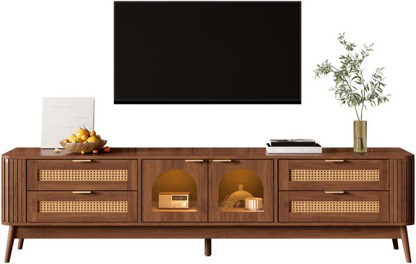 Merax TV-Schrank, mit gewölbten Einscheibensicherheitsglas-Türen, mit LED-Beleuchtung, Wohnzimmer Staurschrank mit Massivholzbeinen, Fernsehschrank mit vier Schub, Nussbaum Bild 10