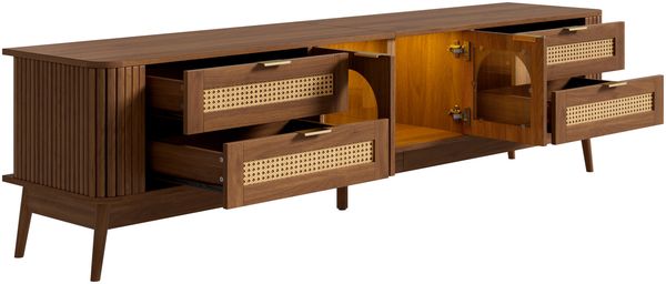 Merax TV-Schrank, mit gewölbten Einscheibensicherheitsglas-Türen, mit LED-Beleuchtung, Wohnzimmer Staurschrank mit Massivholzbeinen, Fernsehschrank mit vier Schub, Nussbaum Bild 8