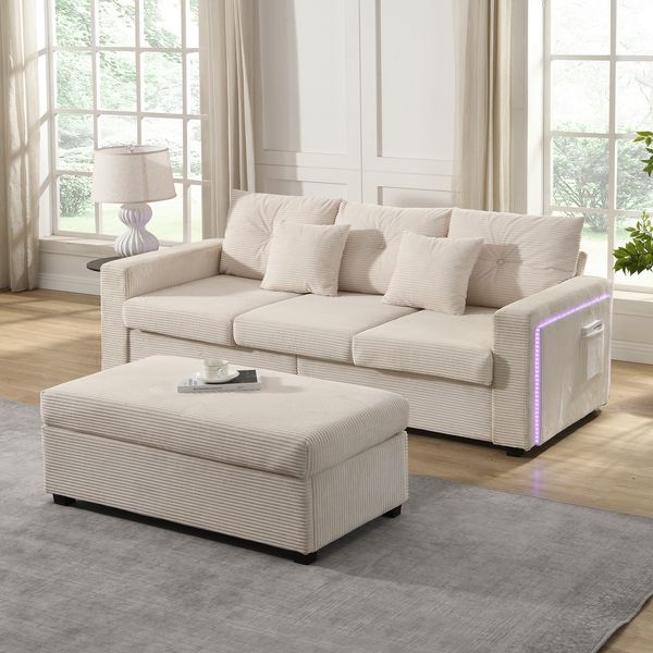 Merax [5-Kissen-Supreme-Set] Moderne LED-Sofakombination, 3-Sitzer-Sofa + übergroßer abnehmbarer Ottoman, Beige