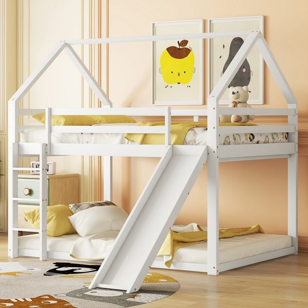 Bett 140x200 cm Haus-Etagenbett mit Rutsche und Leiter – zwei großzügige Liegeflächen für Kinderzimmer