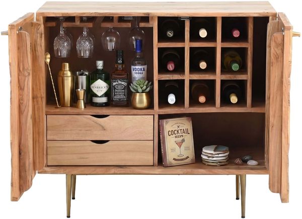 Barschrank Akazie Massivholz 90cm Natur mit Weinregal - Design Hausbar mit Glashalter - Weinschrank Holz mit Türen - Getränkeschrank Weinkommode Holz Bar Wohnzimmer Handmade