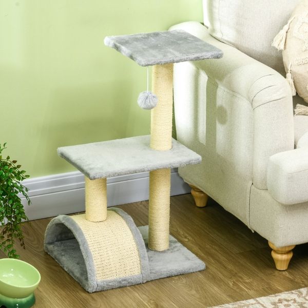 Katzenturm Mehrstufig Mit Sisal & Plüsch - Kratzbaum Mit Bogenmatte Und Spielball Für Katzen Unter 4,5kg