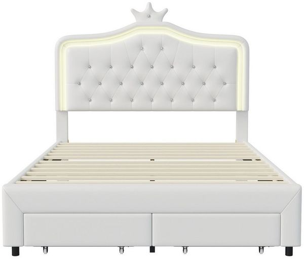 Gdood Polsterbett Kinderbett LED Stauraumbett (1-tlg, Geeignet für Jugendliche und Kinder), Kronenform Kopfteil, Mit LED-Beleuchtung, Schubladen, PU, 140x200 cm