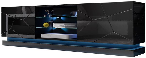 TV-Lowboard Qiu 200 (Farbe: Schwarz / Schwarz Hochglanz, mit LED Beleuchtung)