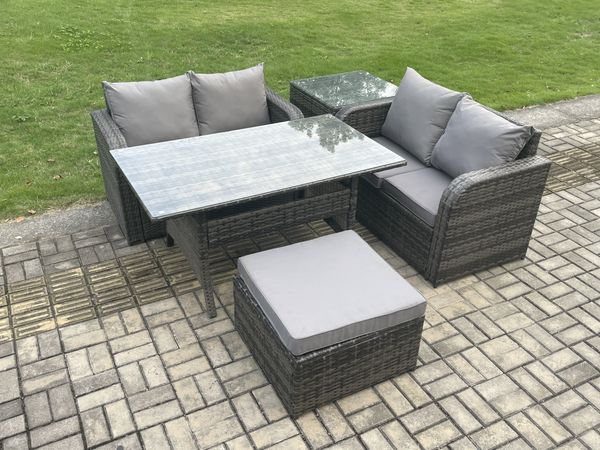Fimous Terrassenmöbel Set Polyrattan Langer rechteckiger Esstisch und Loveseat Sofa set mit Beistelltisch Großer Fußhocker Dunkelgrau gemischt