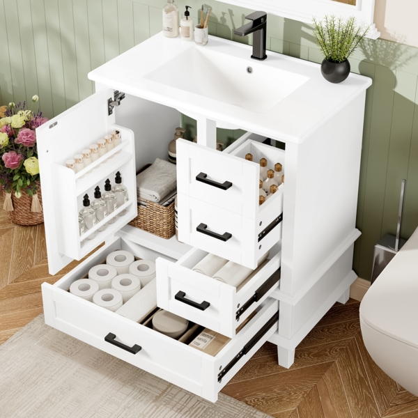 Bodenstehender Badezimmerschrank mit Waschbecken, Waschtisch, komplett lackiert, Türregal, drei geräuschlose Schubladen, integriertes Keramikwaschbecken, Weiß, 76 x 46 x 83,5 cm