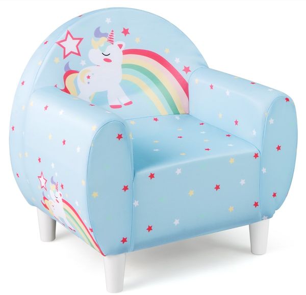 Kindersofa mit Rückenlehne &Armlehne Gepolsterter Kindersessel Einhorn Lesecouch Blau