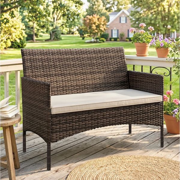 Outsunny Gartensofa 2-Sitzer Rattansofa, 1 Teile, Wetterfest, abnehmbarer Bezug, rutschfest