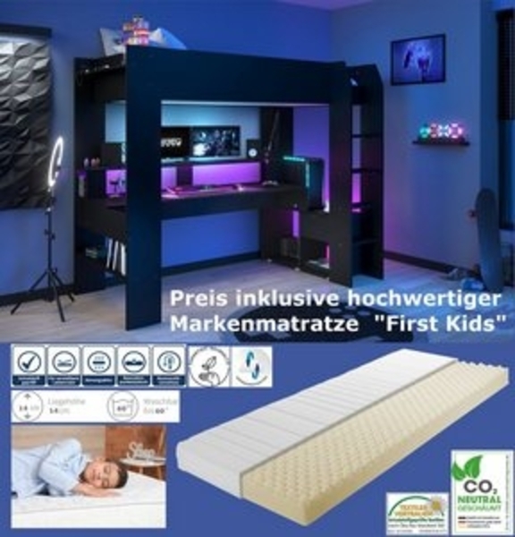 Gaming Hochbett Online 1 von Parisot Jugendbett 90 x 200 cm in Schwarz mit LED Beleuchtung komplett Set wahlweise mit Matratze - 3 teilig , Hochbett + Lattenrost + Matratze Bild 6