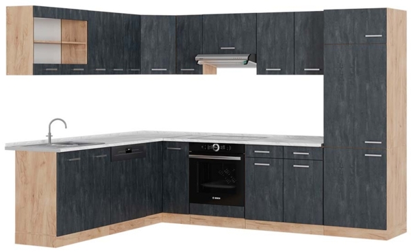 Eckküche R-Line Schwarz Beton/Goldkraft Eiche 287 x 60 cm AP Marmor Vicco