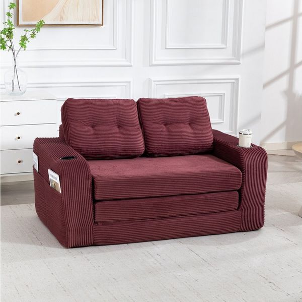 MODFU Sofa Rahmenloses Zweisitzer-Loungesofa aus Cordstoff mit Seitentaschen, Getränkehaltern und umbaubarem Sitzsack, gestepptes Design für maximalen Komfort