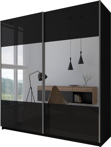 Domando Kleiderschrank Sila Modern für Schlafzimmer Breite 194cm, Schwebetüren, Hochglanz, Spiegel in Schwarz Matt und Schwarz Hochglanz mit Spiegel