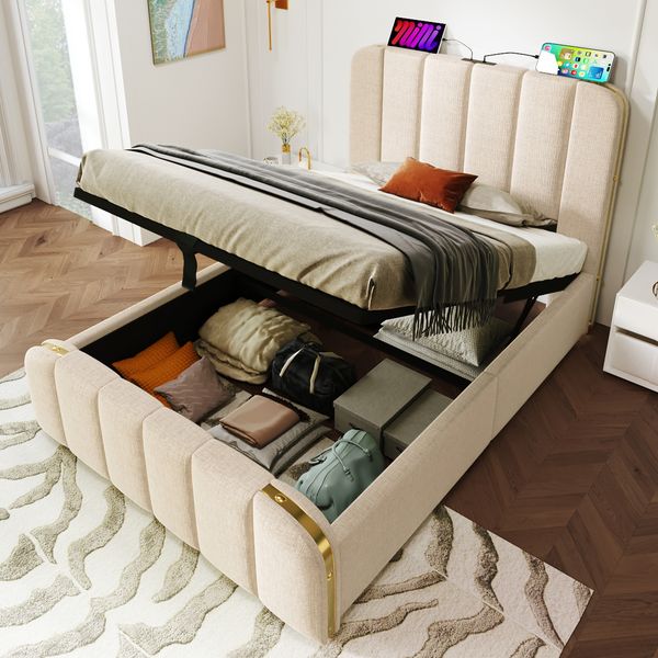 Polsterbett Einzelbett, gepolstertes Kopfteil mit goldenen Zierstreifen und ,USB Typ-C Ladefunktion 90*200 cm, Beige Leinen-Material Hydraulisches Lagerbett (Ohne Matratze)