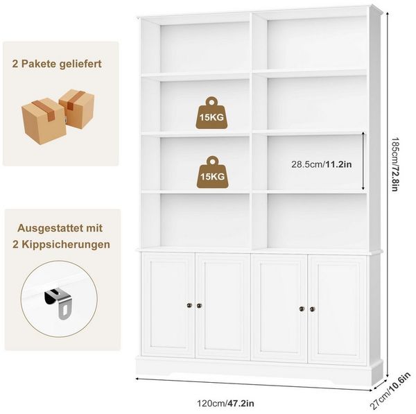 Homfa Bücherregal 185 cm hohes Bücherschrank Standregal Büroregal, Bücherregal mit 4 Türen 8 offenen Fächern Büroregal Holz 185x120x27cm Bild 3