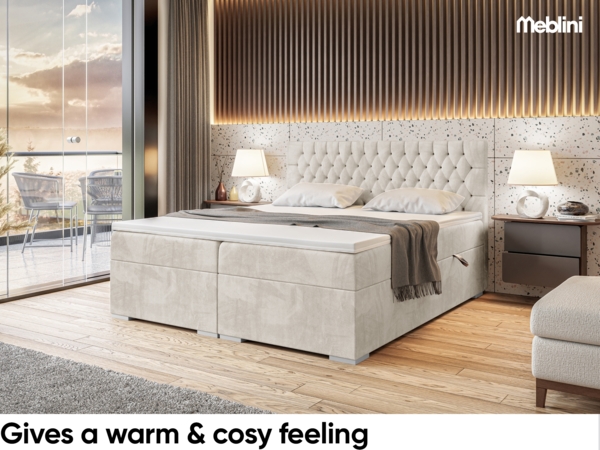 MEBLINI Boxspringbett DALIA 140x220 cm mit Bettkasten - H4/Creme Samt Polsterbett - Doppelbett mit Topper & Taschenfederkern-Matratze Bild 4