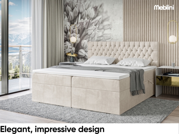 MEBLINI Boxspringbett DALIA 140x220 cm mit Bettkasten - H4/Creme Samt Polsterbett - Doppelbett mit Topper & Taschenfederkern-Matratze Bild 2