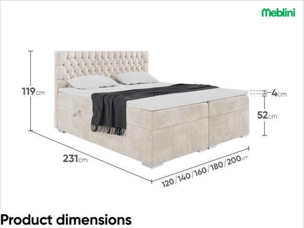 MEBLINI Boxspringbett DALIA 140x220 cm mit Bettkasten - H4/Creme Samt Polsterbett - Doppelbett mit Topper & Taschenfederkern-Matratze Bild 7