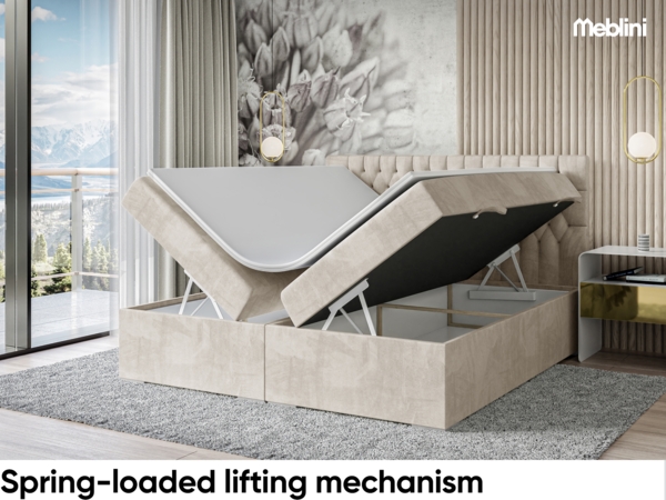 MEBLINI Boxspringbett DALIA 140x220 cm mit Bettkasten - H4/Creme Samt Polsterbett - Doppelbett mit Topper & Taschenfederkern-Matratze Bild 3