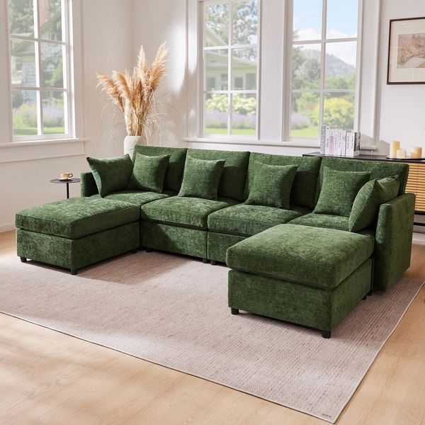 Merax Ecksofa U-förmiges Sofa aus Chenille-Stoff, 1 Teile, Modulares Couch Chenille-Sofa mit 2 abnehmbarem Fußhocker und 6 Kissen