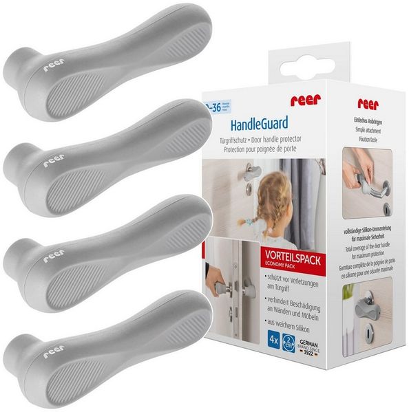 reer HandleGuard Türgriffschutz, Türklinkenpuffer, Türstopper gegen Stoßverletzungen an Türgriffen, Vorteilspack 4 Stück