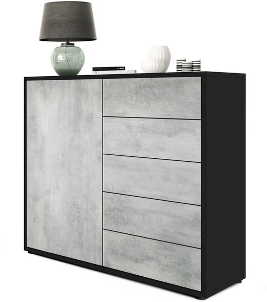 Vladon Sideboard Ben V2, Kommode mit 1 Tür und 5 Schubladen, Schwarz matt/Beton Oxid-Optik (79 x 74 x 36 cm)
