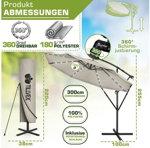 tillvex Sonnenschirm tillvex® Sonnenschirm LED Solar Ø 3m Ampelschirm Balkon Gartenschirm, Alu Ampelschirm + Abdeckung LED Solar Ø 350 cm mit Kurbel, Abdeckung + Ständer, Gartenschirm UV-Schutz Aluminium, Kurbelschirm Marktschirm wasserdicht 360° drehbar