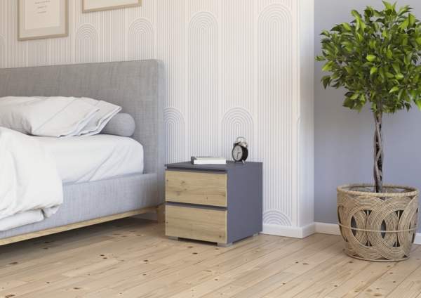rauch Joel-Extra, Nachttisch-Paar, 2 Schubladen, Farbe Grau metallic/Eiche Artisan, BxHxT 40x42x42cm