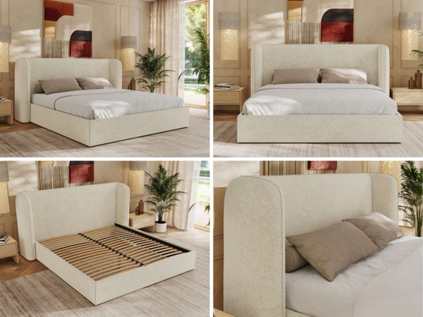 Polsterbett Bett mit Holzlattenrost Schlafzimmer Bett Doppelbett gepolstertes Kopfteil Pocket Matratze - EMORA CLASSIC - 180x200 cm - Creme Strukture - VIRE LUX Bild 2