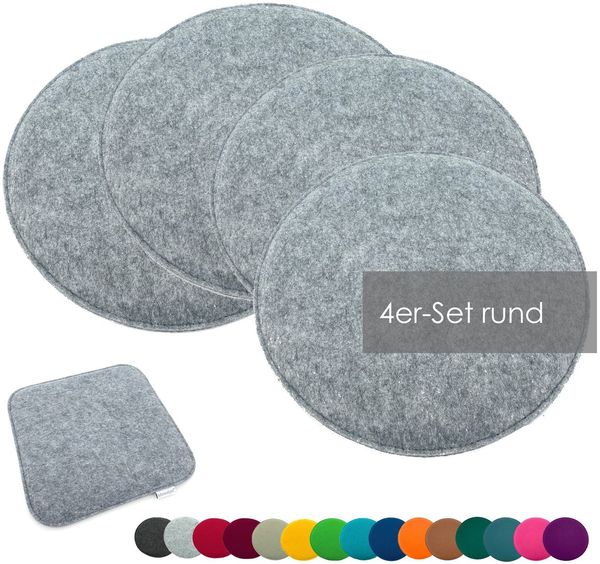 heimtexland ® Sitzkissen Set Filz Stuhlkissen Stuhlauflage Filzkissen Stuhl Polster Kissen Typ631 4er Set 35 cm Rund Hellgrau