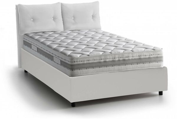 Dmora Doppelbett Calcite, Bettkasten mit Stoffbezug, 100 % Made in Italy, Öffnung vorne, inklusive Matratze 160 x 200 cm, Weiß