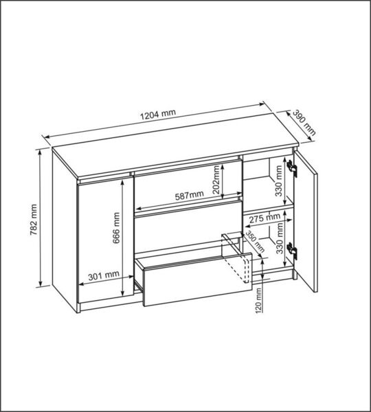 meble masztalerz Kommode Weiss Hochglanz mit 3 Schubladen und 2 Türen 120 cm, Sideboard Wohnzimmer, Schlafzimmer H: 78,2 cm, B: 120,4 cm, T: 39 cm Kommode mit Schubladen, Schubladenschrank