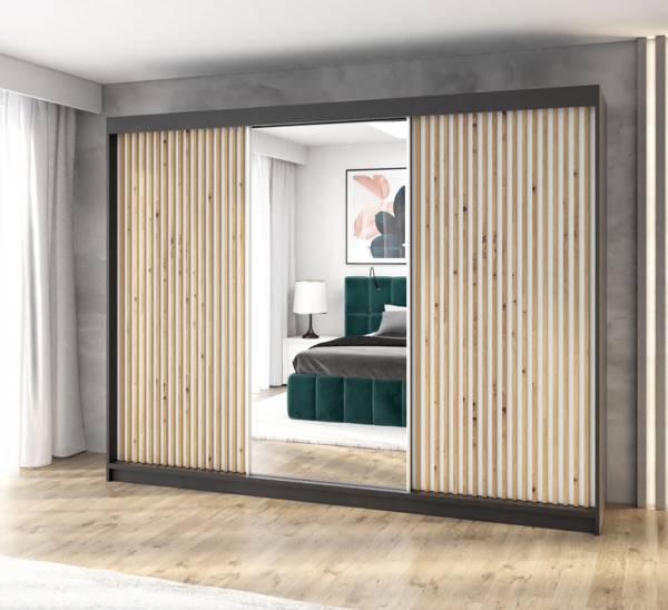 A&J MöbelLand Schwebetürenschrank FARA 200 cm, mit 4 Schubladen, Spiegel, 3D Lamellen