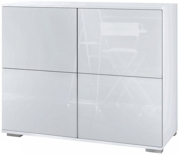 Vladon Kommode Rova V3 (Moderner Küchenschrank, mit 4 Push-to-Open Türen), Weiß matt / Weiß Hochglanz (92,5 x 75.5 x 35)