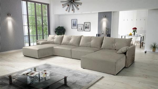 Wohnlandschaft U-Form mit Schlaffunktion HUNTER in Stoff Royal Graubeige