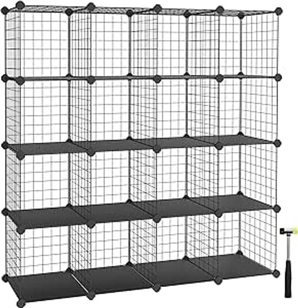 SONGMICS Steckregal aus Gitterplatte, Regalsystem, Würfelregal, Set aus 16 Würfeln, für Schuhe, Bücher, Wohnzimmer, Schlafzimmer, erweiterbar, 31 x 123 x 123 cm, schwarz