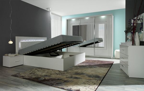 Lukas Möbel Komplettschlafzimmer Schlafzimmer Komplett Panarea in Hochglanz Weiß mit LED, Hochglanz weiß, mit Lattenrost, mit Bettkasten, mit LED