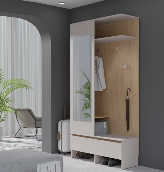 Marmex Möbel NEL L Garderobenschrank, Garderobe mit Spiegel und Kleiderstange, Dielenschrank, Kompaktgarderobe, laminierte Spanplatte, graubeige cashmere + cremona torro, 110x210x38 cm