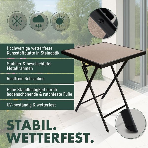 BRUBAKER Gartentisch Bergamo - 58 x 58 cm Balkontisch wetterfest (1-St, Campingtisch eckig mit Stein Optik - Klapptisch für Balkon, Terrasse), Metall Beistelltisch klappbar - Bistrotisch