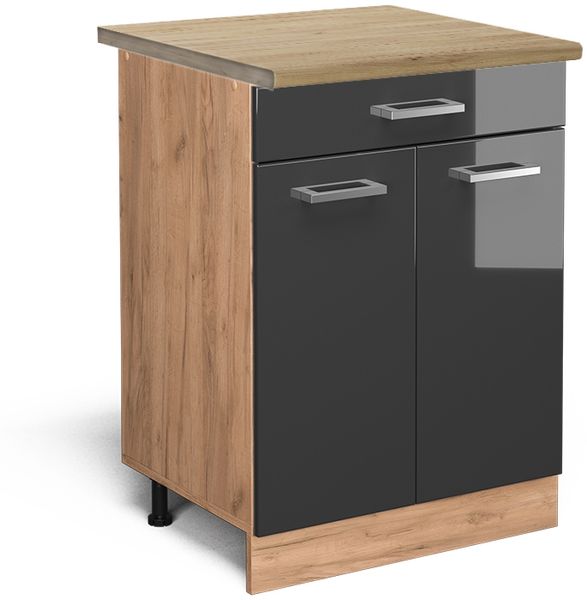 Küchenunterschrank R-Line Anthrazit Hochglanz 60 cm mit Schublade, AP Eiche Vicco