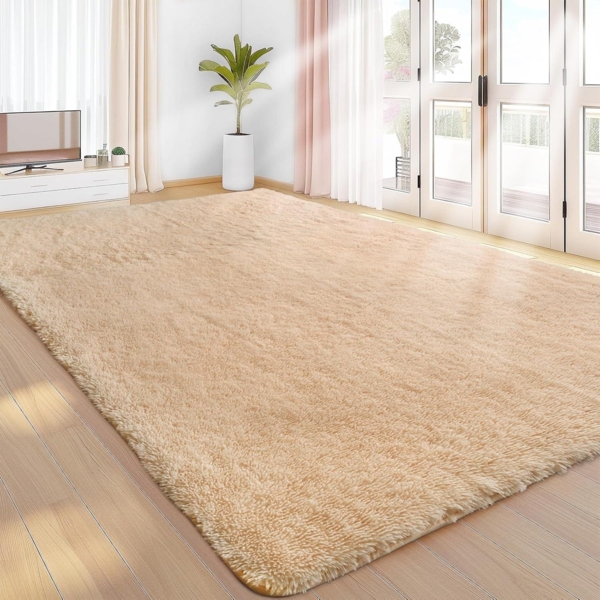 Hochflor Teppich Beige 140x200 Waschbar Anti-Rutsch Groß Schlafzimmer Moderne