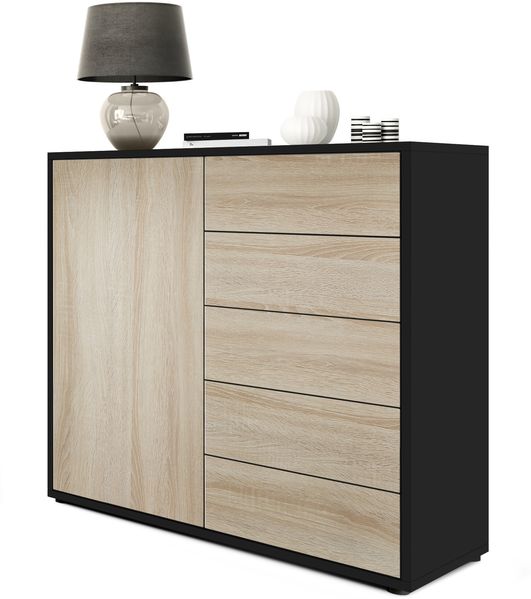 Vladon Sideboard Ben V2, Kommode mit 1 Tür und 5 Schubladen, Schwarz matt/Eiche Sägegrau (79 x 74 x 36 cm)