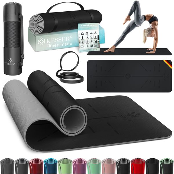 KESSER® Gymnastikmatte mit Tragegurt rutschfest TPE Yogamatte Gepolstert & rutschfest Fitnessmatte , 183x61 Trainingsmatte für Fitness Sportmatte, Pilates & Gymnastik Workout extradick Schwarz