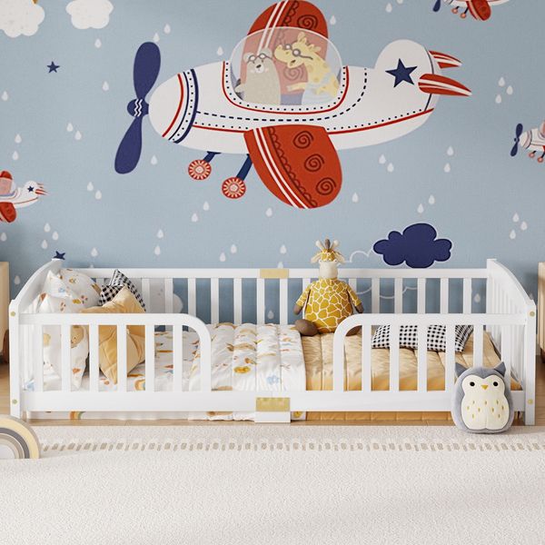 Flieks Montessori Bodenbett 90 × 200 cm aus Kiefernholz, Kinderbett mit Rundum-Schutzgitter, zentralem Einstieg und abgerundeten Kanten, Weiß